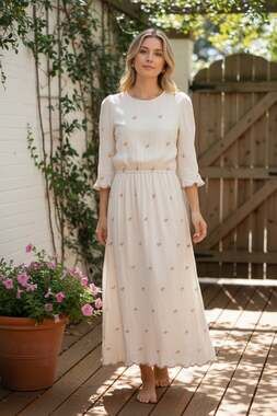 Polagram Cream Floral Embroidered Smocked Waist Midi Dress Size Small